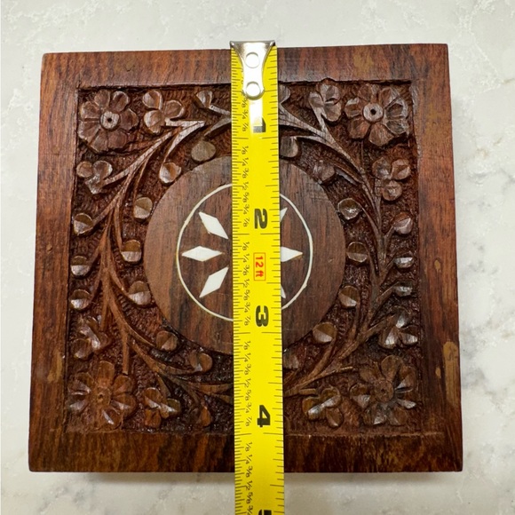 Indian hand-carved wooden jewelry box 4” x 4” trinket box decor - Picture 3 of 11